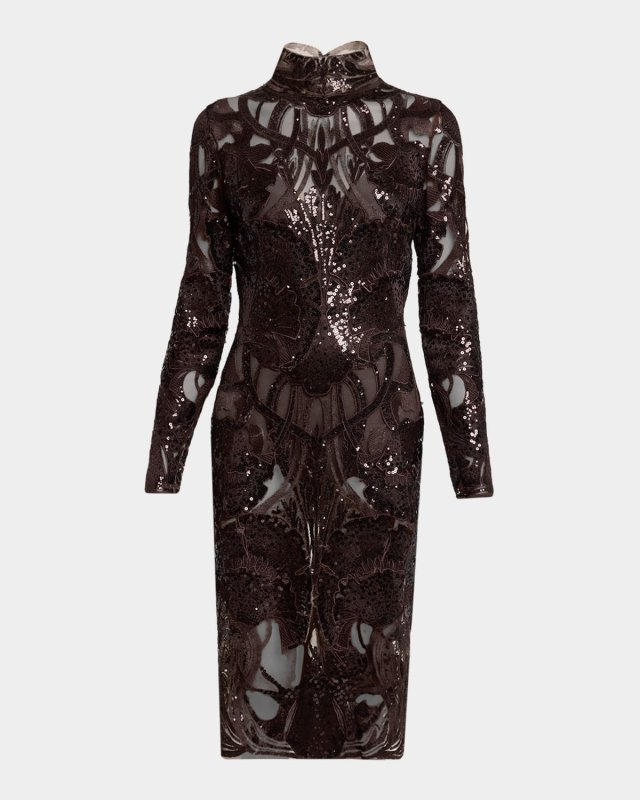 Sequined Lace Mock-Neck Long-Sleeve Dress